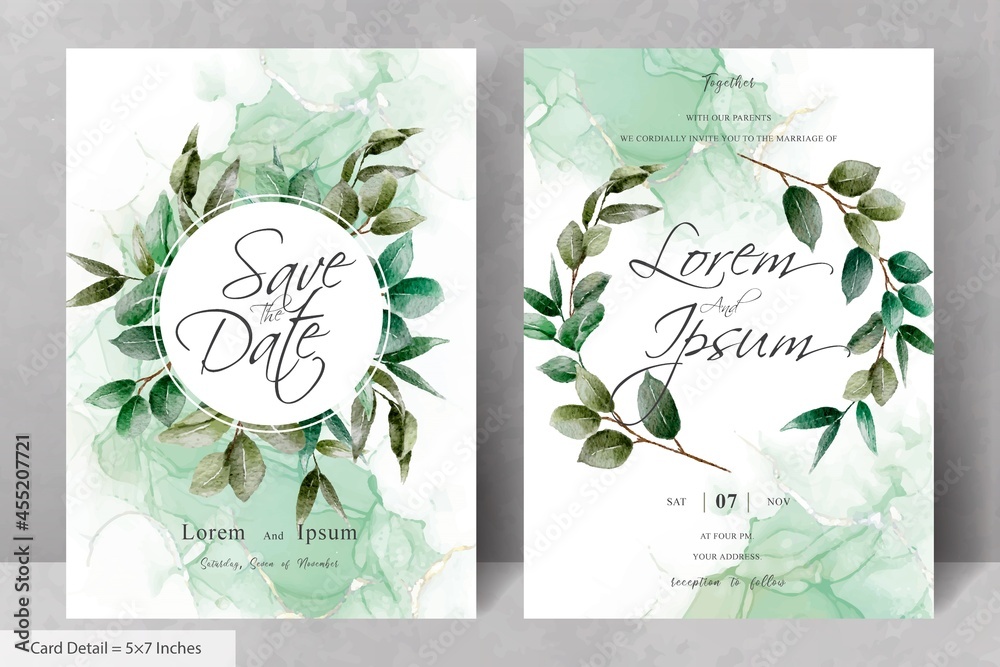 Set Of Greenery Foliage Wedding Invitation with Watercolor Floral Wreath 
