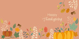 Thanksgiving background decoration with autumn leaves, pumpkin and needles. Happy thanksgiving banner design. vector illustration.