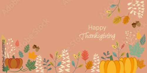 Thanksgiving background decoration with autumn leaves  pumpkin and needles. Happy thanksgiving banner design. vector illustration.