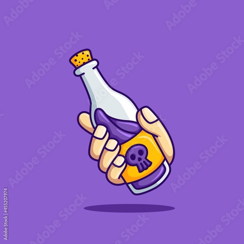 cute hand holding glass bottle filled with poison vector cartoon illustration. skull bottle flat style