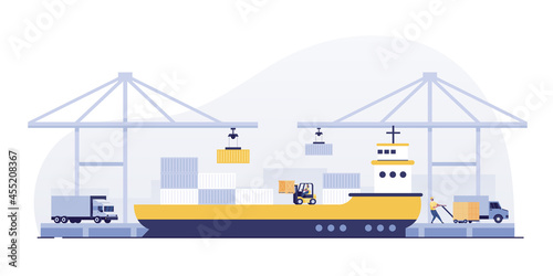 Container Ships, Break Bulk, Ports with cargo ships and containers work with crane.