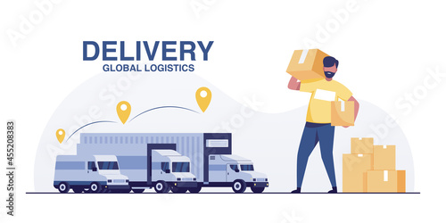Courier with parcel on background of courier service, van, truck, container trainer.