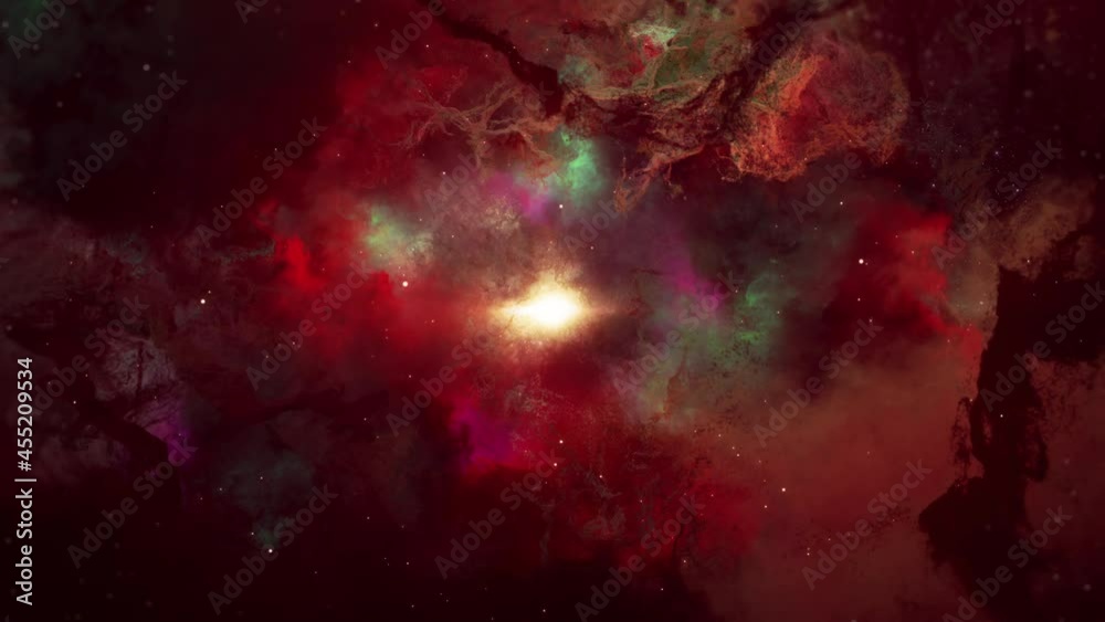 Nebula Clouds Seamless Loop with Particle Star fly to Galaxy. Passing nebula clouds with star glow and  fly to planet.