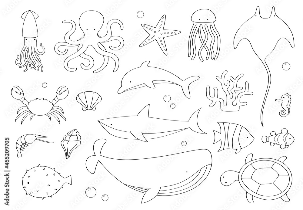 Doodle set of sea creatures on white background.