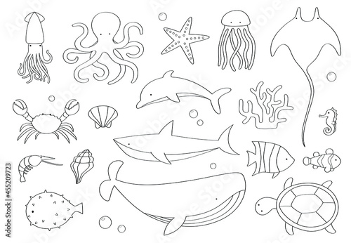 Doodle set of sea creatures on white background.