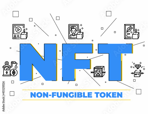 Illustration of Non-fungible tokens (NFT) and cryptocurrency topics for education website, presentation, book.