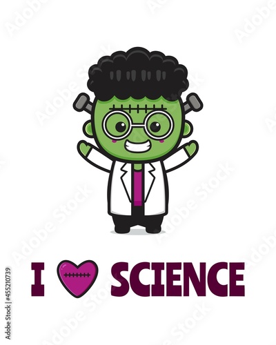 Cute frankenstein scientist cartoon card icon illustration