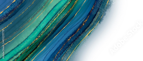 アルコールインクアートのイラスト背景）青と緑のめのう風の模様 ゴールド 金粉 バナー エレガント