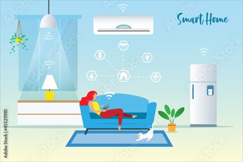 Woman control smart home devices on digital tablet. Intelligent wireless home technology online connecting home electronics equipment on smart phone.