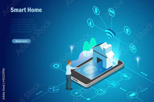 Man control smart home devices on smartphone with fingerprint security access. Intelligent wireless home technology online connecting home electronics equipment using biometric  scanning security.