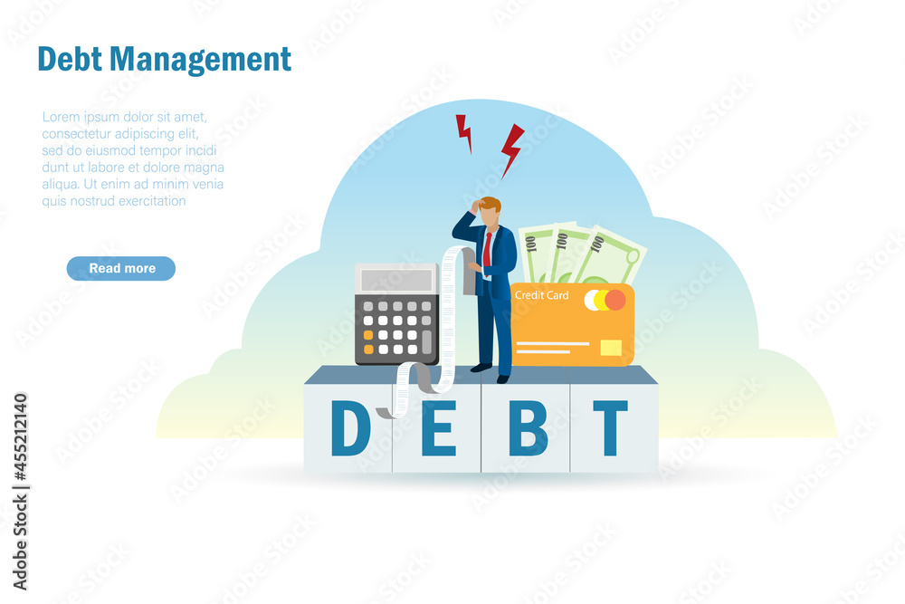 Credit card debt, debt management, debt stress. Frustrated businessman try to manage credit card bills and expenses spending with fixed income. Money spending and cash control concept.