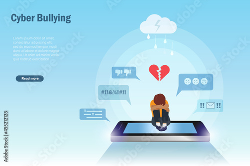 Cyber bullying, negative criticism, online hate speech concept. Kid with broken heart crying at smartphone screen with hate speech from online social media network. 