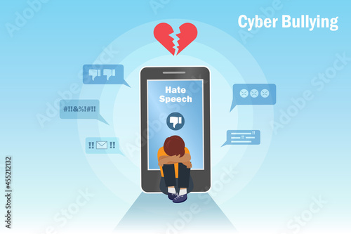 Cyber bullying, negative criticism, online hate speech concept. Kid with broken heart crying at smartphone screen with hate speech from online social media network.