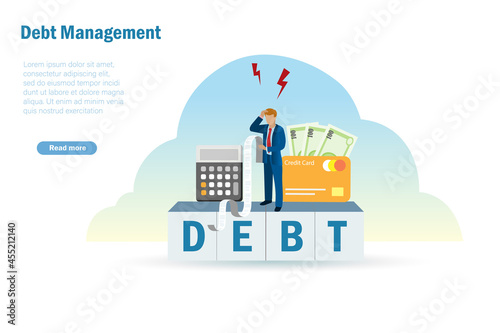 Credit card debt, debt management, debt stress. Frustrated businessman try to manage credit card bills and expenses spending with fixed income. Money spending and cash control concept.