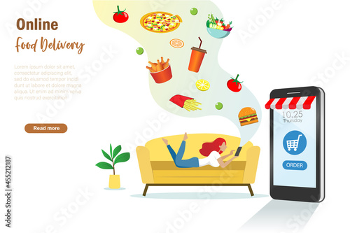 Woman on sofa order foods on smartphone app. Online food shopping, delivery service and e-commerce business. Vector template, banner design.