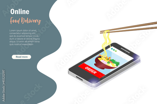 Chopsticks holding virtual noodles on ramen bowl from smart phone screen. Online foods delivery order, shopping service and e-commerce internet mobile application.