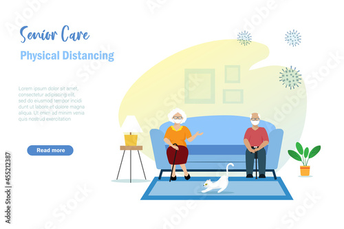 Senior couple wearing face mask physical distancing on sofa at house. Self home isolation, quarantine, stay home and health care for elderly people during covid-19 pandemic.