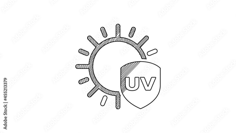 Black line UV protection icon isolated on white background. Sun and shield. Ultra violet rays radiation. SPF sun sign. 4K Video motion graphic animation Black line UV protection icon isolated on white background. Sun and shield. Ultra violet rays radiation. SPF sun sign. 4K Video motion graphic animation