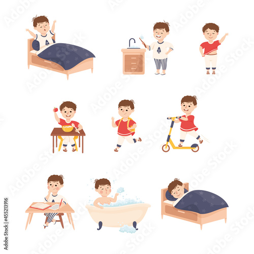 Little Boy Engaged in Daily Activity and Everyday Routine Vector Set