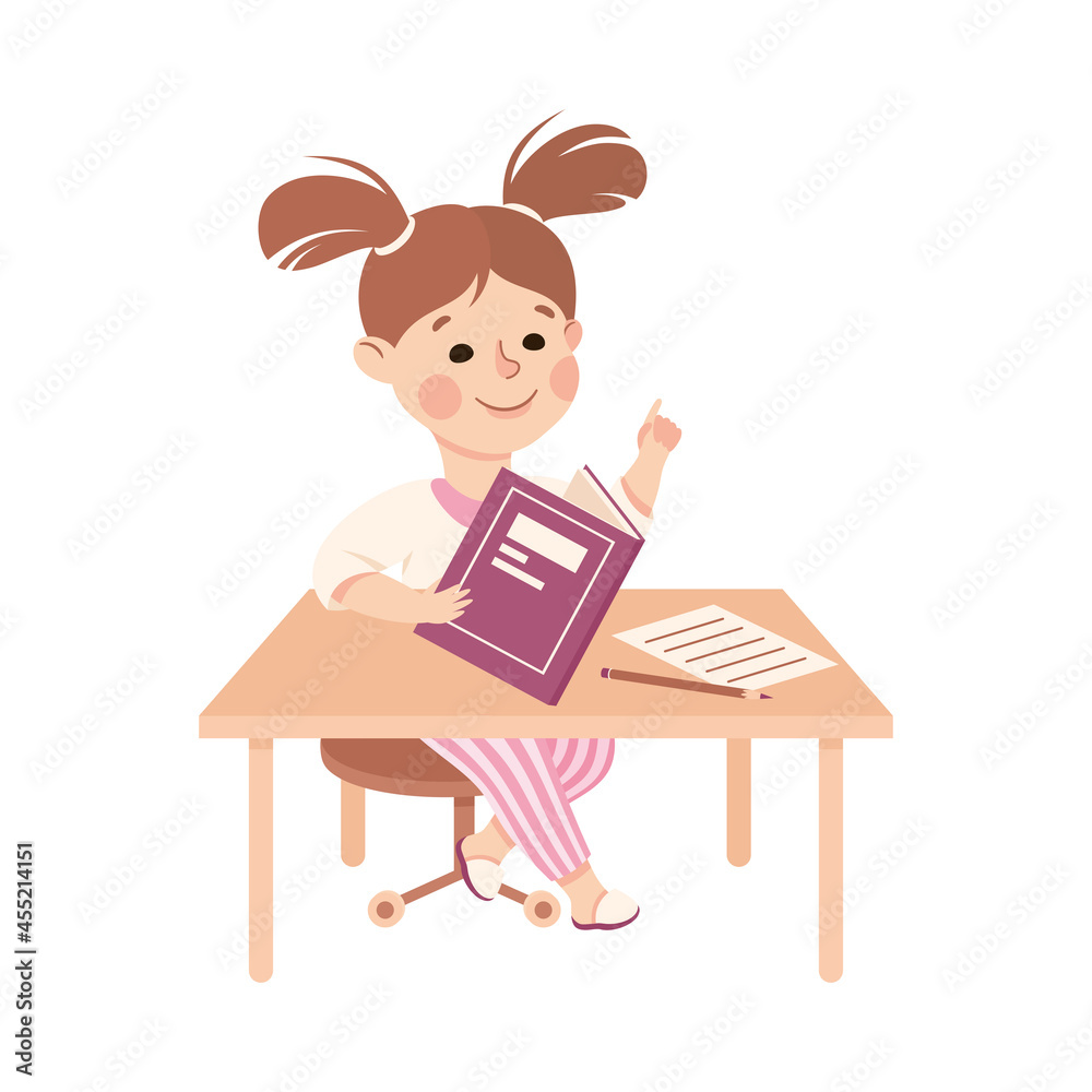 Little Girl at Table Doing Homework Engaged in Daily Activity and Everyday Routine Vector Illustration