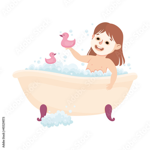Little Girl Bathing in Bathtub Engaged in Daily Activity and Everyday Routine Vector Illustration