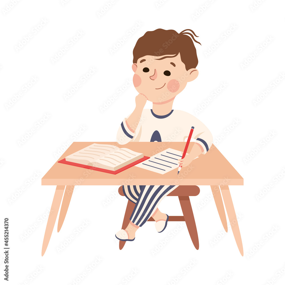 Little Boy at Table Doing Homework Engaged in Daily Activity and Everyday Routine Vector Illustration Little Boy at Table Doing Homework Engaged in Daily Activity and Everyday Routine Vector Illustration