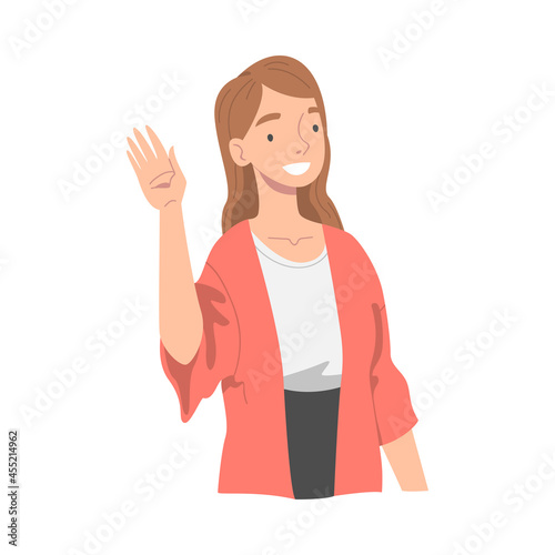 Smiling Woman Character Waving Hand as Greeting and Salute Gesture Vector Illustration
