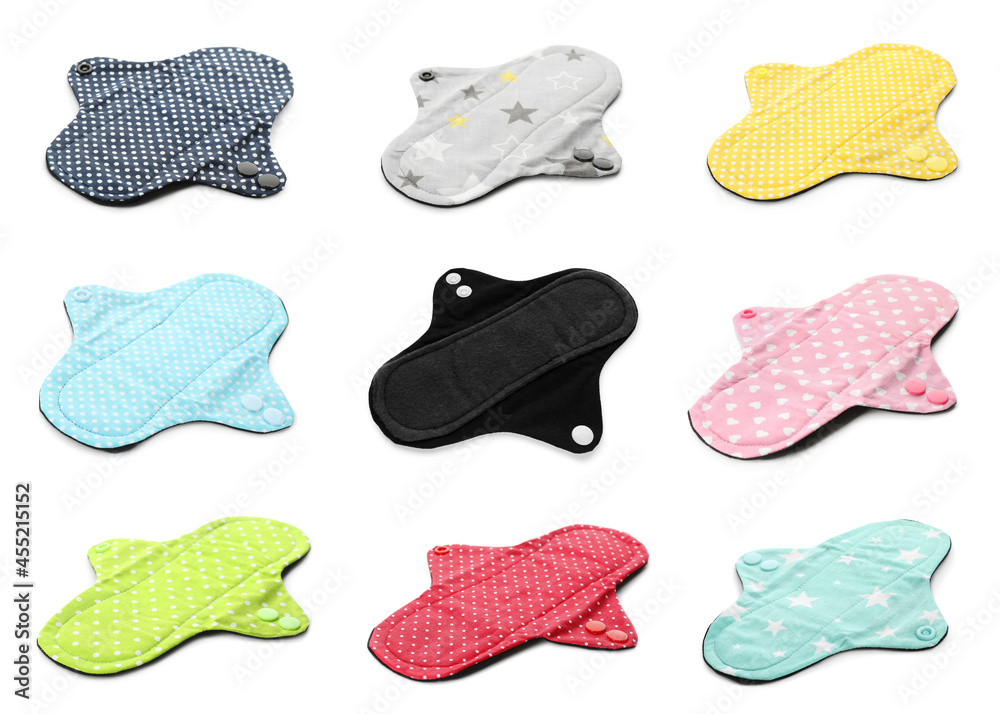 Set with different cloth menstrual pads on white background Set with different cloth menstrual pads on white background
