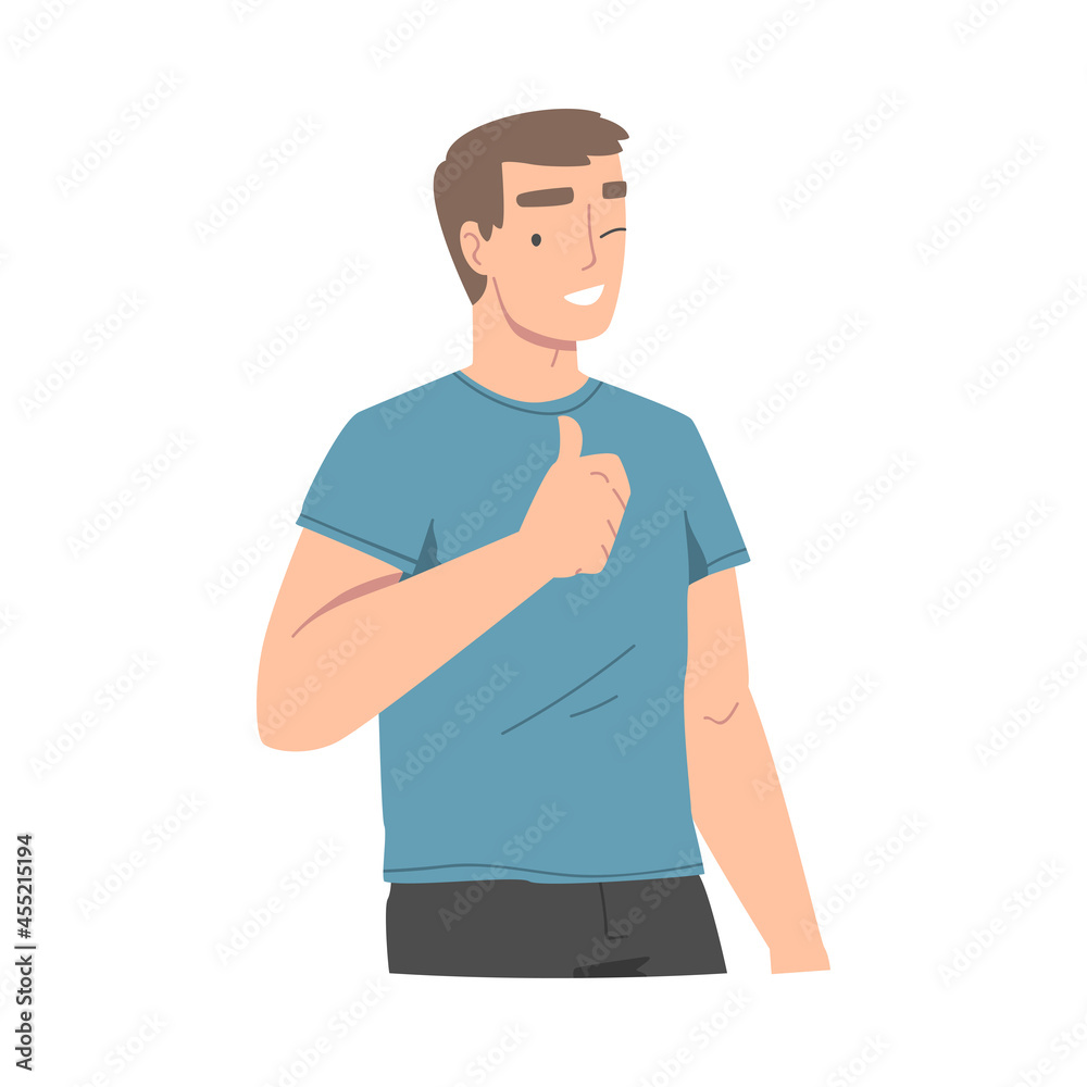 Smiling Man Character Showing Thumb Up as Approval Hand Gesture and Winking Vector Illustration Smiling Man Character Showing Thumb Up as Approval Hand Gesture and Winking Vector Illustration