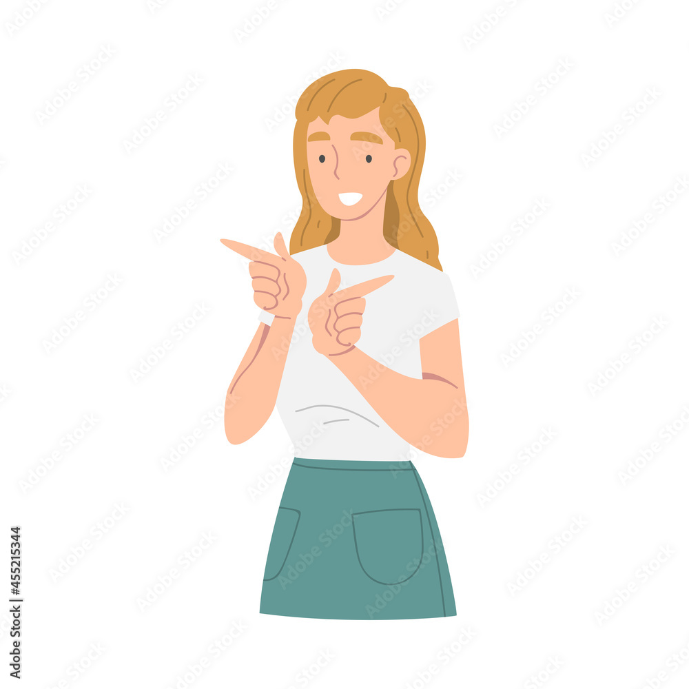 Smiling Woman Character Pointing with Index Finger as Hand Gesture Vector Illustration Smiling Woman Character Pointing with Index Finger as Hand Gesture Vector Illustration