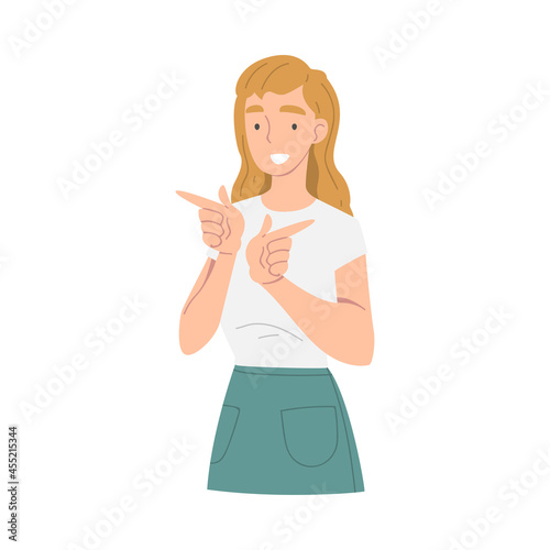 Smiling Woman Character Pointing with Index Finger as Hand Gesture Vector Illustration