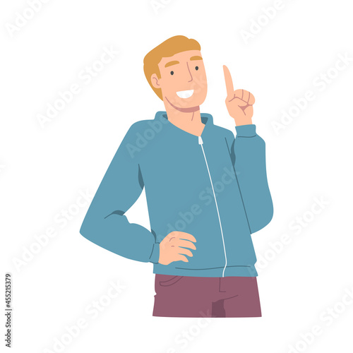 Smiling Man Character Pointing with Index Finger as Hand Gesture Vector Illustration