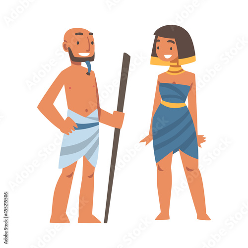 Egyptian Man and Woman Character Wearing Authentic Garment and Necklace Vector Illustration