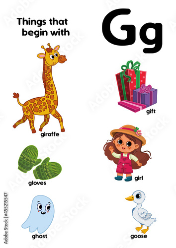 Things that start with the letter G. Educational, vector illustration for children.