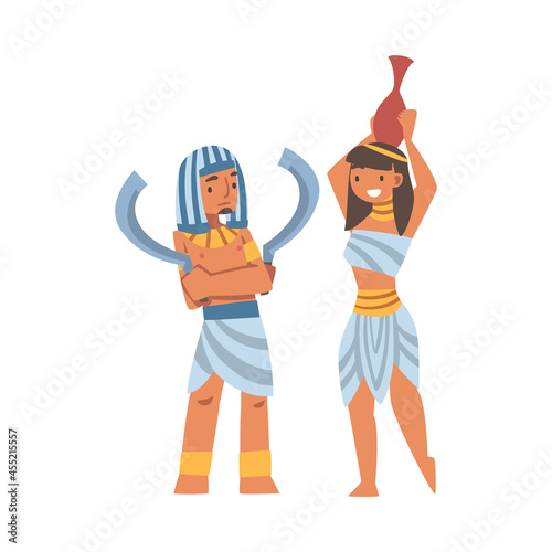 Egyptian Man and Woman Character Wearing Authentic Garment and Necklace Vector Illustration