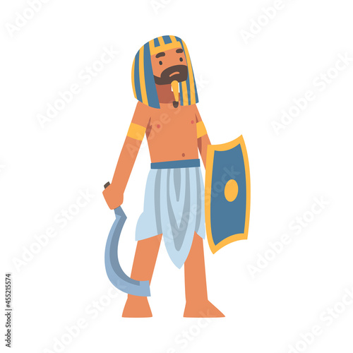 Egyptian Man Character with Shield and Blade Wearing Authentic Garment and Nemes Vector Illustration