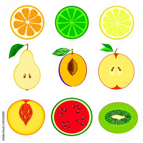 A set of colorful fruits in a section on a white background.Halves of orange, pear,lime, watermelon, apple,peach, kiwi, lemon, plum.Vector illustration can be used in textiles,juice packs,postcards.