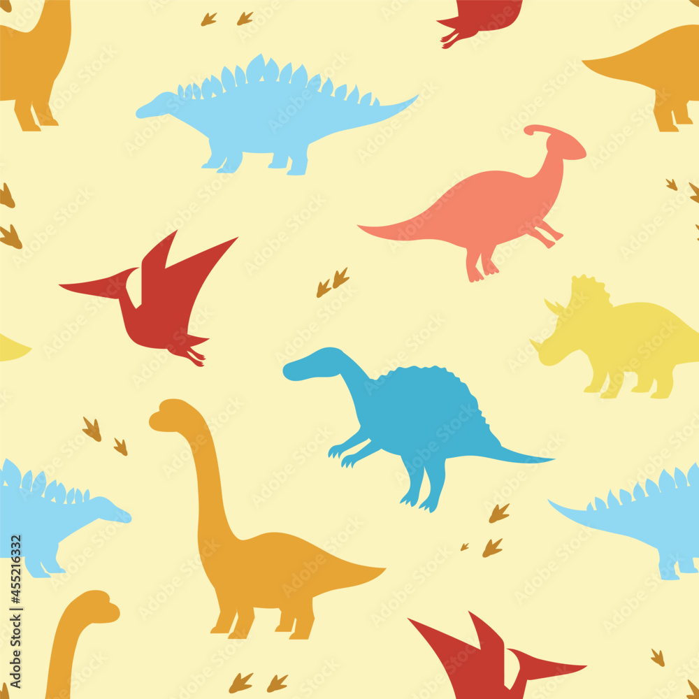 Seamless child dino pattern. Silhouettes of dinosaurs on a yellow background. Backdrop for wallpaper, textile, fabric, wrapping. Seamless child dino pattern. Silhouettes of dinosaurs on a yellow background. Backdrop for wallpaper, textile, fabric, wrapping.