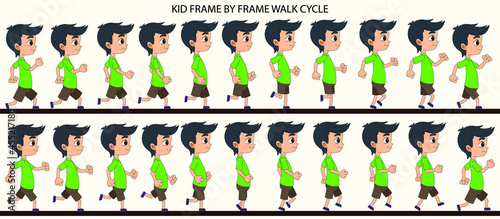 Cartoon Kid Character side walk cycle frame by frame loopable vector file ready for 2D animation, easy to edit source file for motion graphics, infographics, animated video, explanatory, E-learning