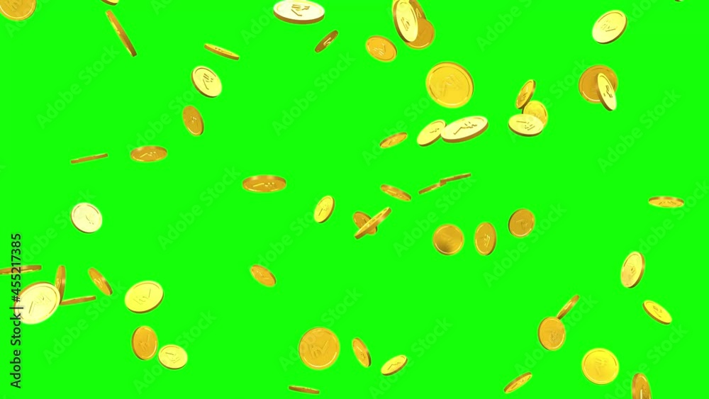Gold coins with Rupee symbol falling down - 3D Render