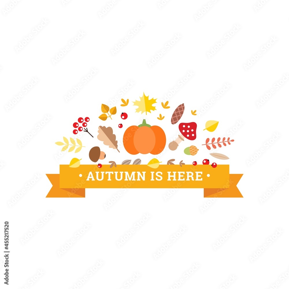 Autumn is here. Fall vignette of pumpkin, mushrooms and autumn leaves with yellow ribbon isolated on a white background. Can be used for invitation, greeting card or banner. Autumn is here. Fall vignette of pumpkin, mushrooms and autumn leaves with yellow ribbon isolated on a white background. Can be used for invitation, greeting card or banner.