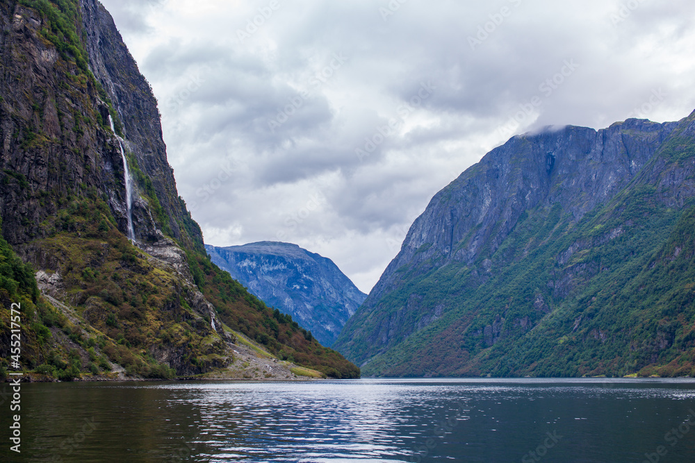 Beautiful view of fjord in Gudvangen in Norway.