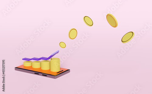 pile coins with orange mobile phone,smartphone,arrow,bar graph isolated on pink pastel background.financial success and growth or saving money concept,3d illustration or 3d render