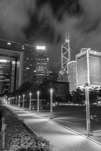 Promenade and skyline of Central district in Hong Kong city at night