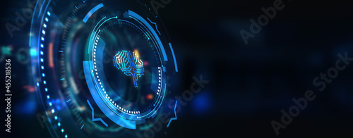 Artificial intelligence (AI), machine learning and modern computer technologies concepts. Business, Technology, Internet and network concept. 3d illustration