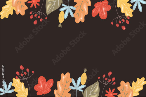 Autumn background with leaves and berries. Autumn frame made of leaves. Vector illustration in hand drawn style.