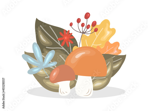 Mushrooms with autumn leaves and berries. Thanksgiving day set. Vector design concept on the theme of autumn harvest