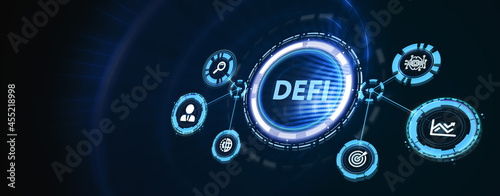 DeFi -Decentralized Finance on dark blue abstract polygonal background. Concept of blockchain, decentralized financial system. 3d illustration