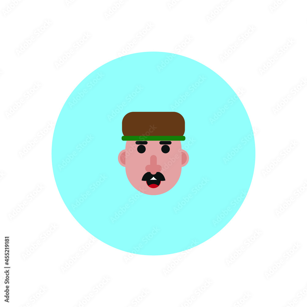 elderly man face avatar with mustache and cap on blue background