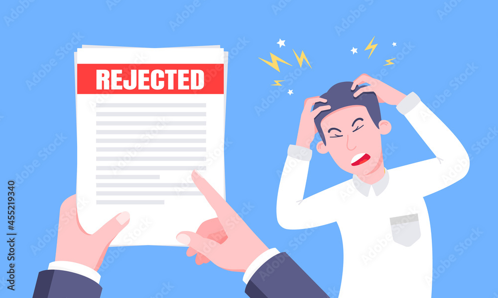 Sad man and an envelope with rejected application form flat style design vector illustration. Bad job interview, employment offer reject, college acceptance failed or business email form concept. Sad man and an envelope with rejected application form flat style design vector illustration. Bad job interview, employment offer reject, college acceptance failed or business email form concept.